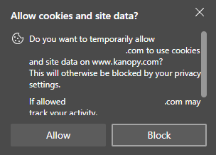'Allow cookies and site data' prompt from Edge