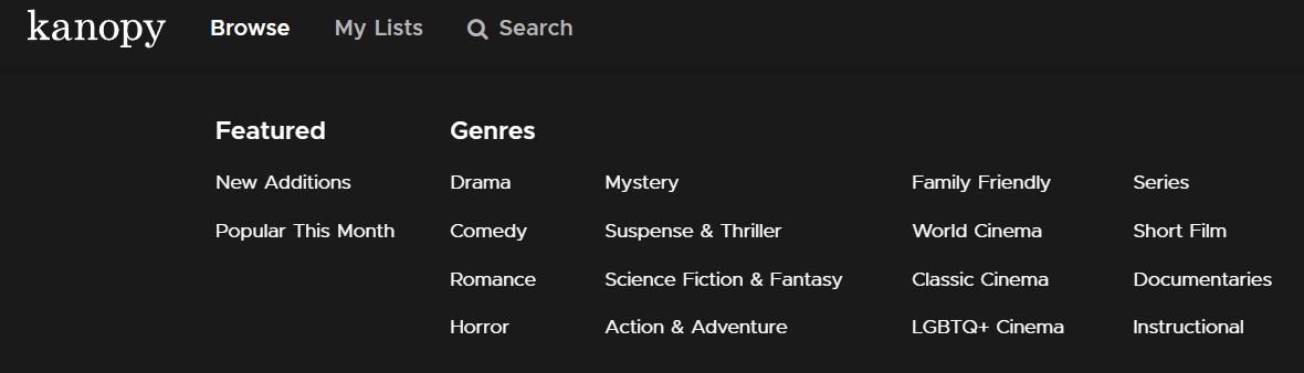 Screenshot of the Browse menu on the Kanopy website
