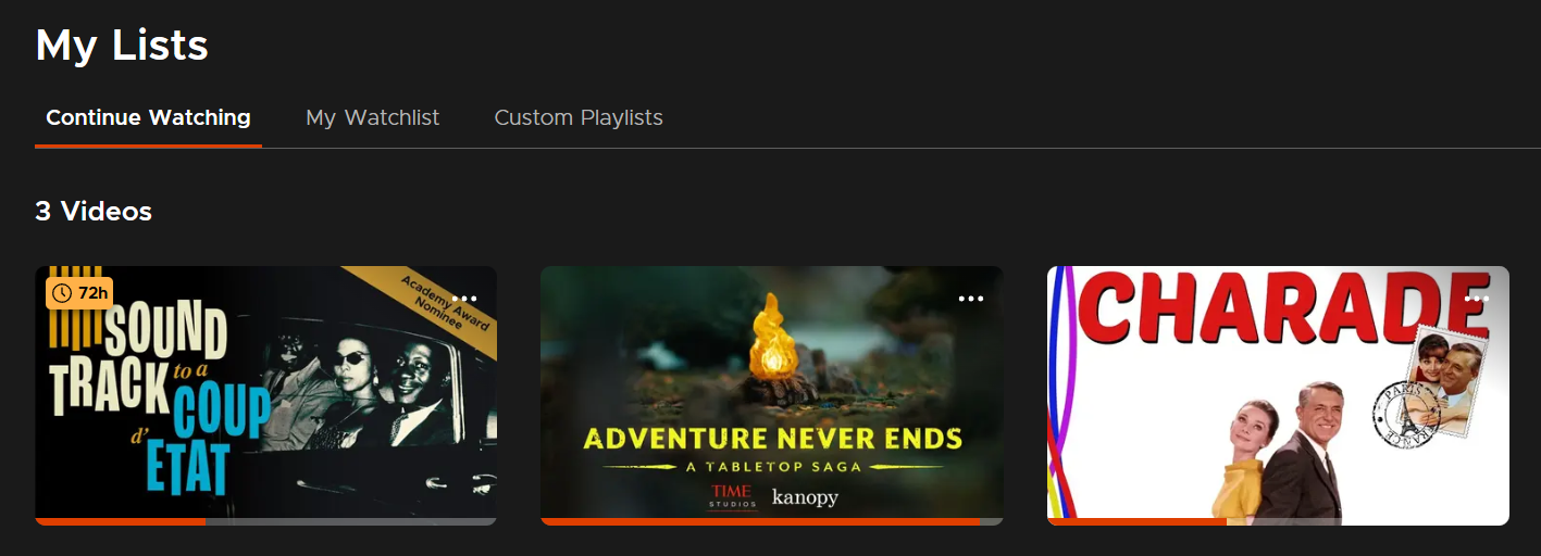 screenshot of Continue Watching tab on the Kanopy website's My Lists page.