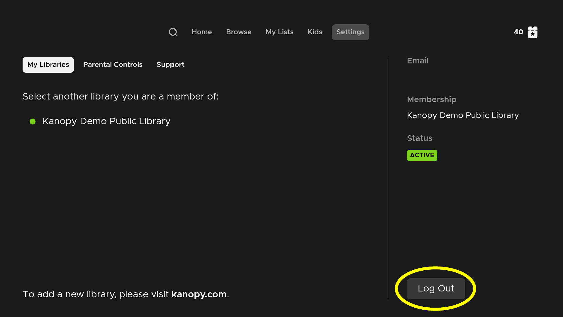 Kanopy TV app menu with 'log out' option highlighted