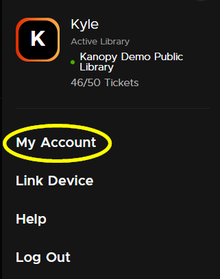 account menu with 'my account' highlighted