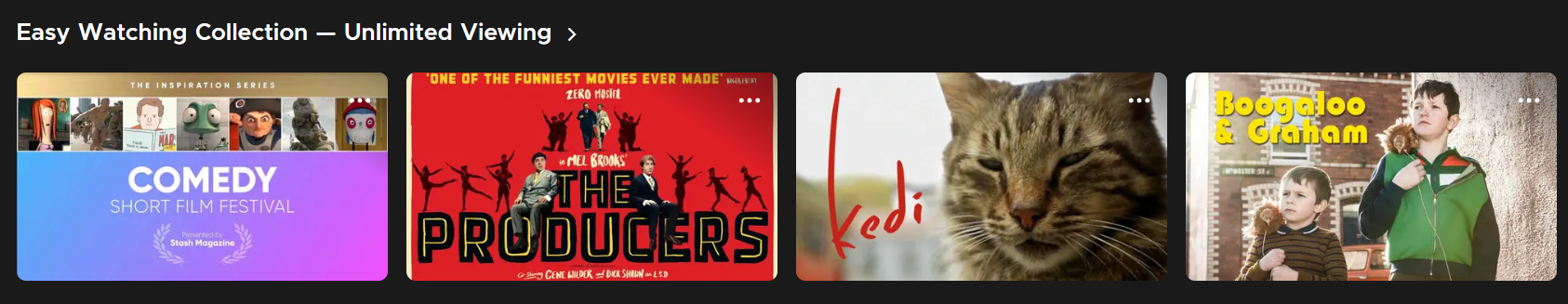 screenshot of 'easy watching collection - unlimited viewing' shelf on the Kanopy homepage