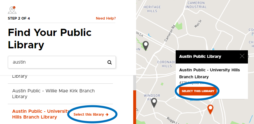 the find your library page with 'select this library' button highlighted