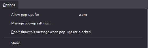 options de fenêtre contextuelle dans Firefox